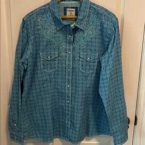 PANHANDLE Rough Stock‎ Womens Sz XL Teal Stretch Pearl Snap Western Shirt